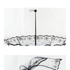 A transparent umbrella with a black frame and floral pattern is shown in three different angles.