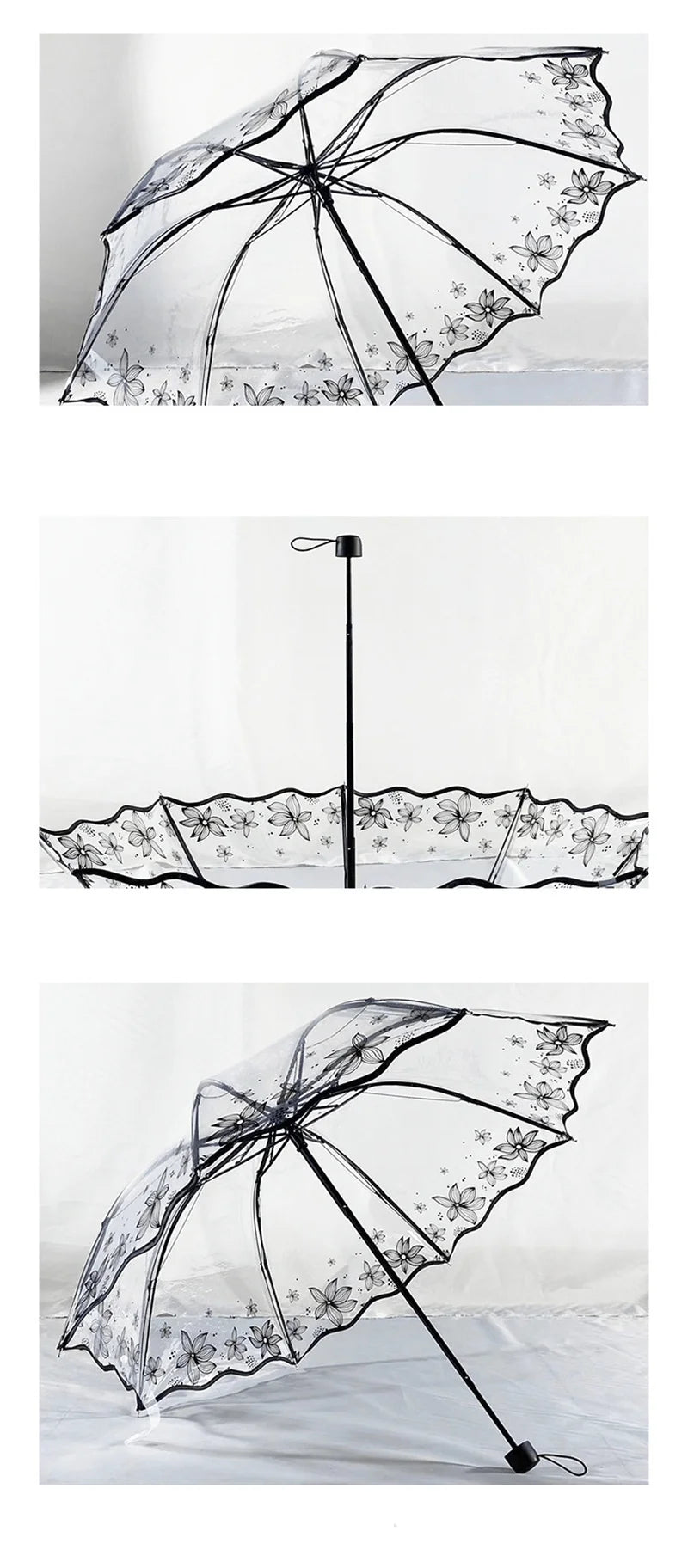 A transparent umbrella with a black frame and floral pattern is shown in three different angles.