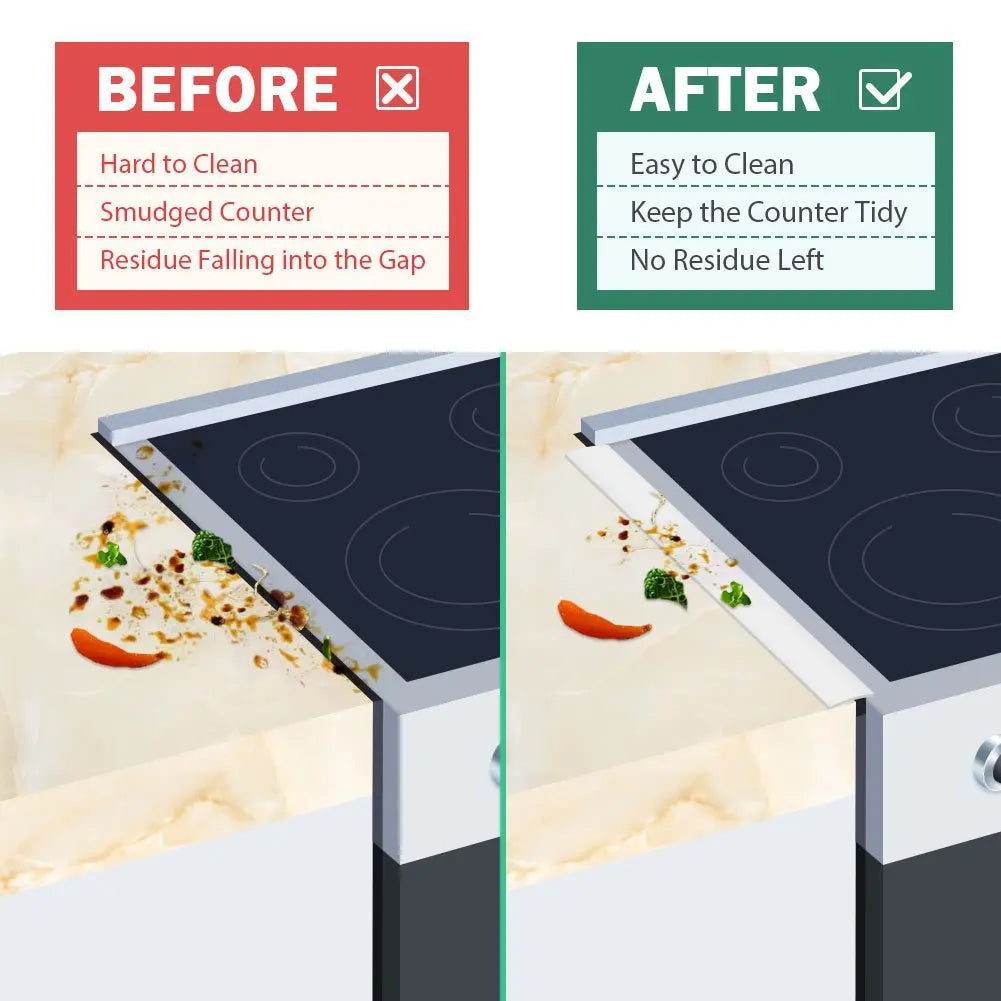 Comparison showing a silicone stove counter gap cover before and after cleaning, demonstrating ease of cleaning and residue p