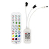 A white Bluetooth LED strip controller device with a remote and various output ports is shown.
