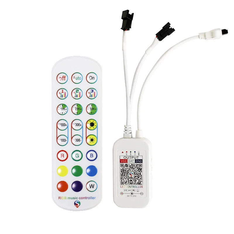 A white Bluetooth LED strip controller device with a remote and various output ports is shown.