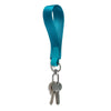 A teal nylon wristlet keychain strap with a metal split key.