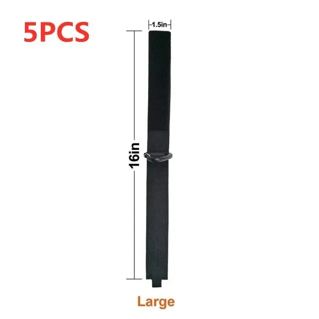Five black heavy-duty nylon cord organizer straps with triangle buckles shown vertically