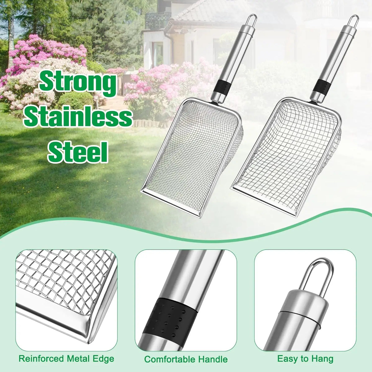 A set of stainless steel soil sieves with ergonomic handles, showing the reinforced metal edge, comfortable handle, and easy 