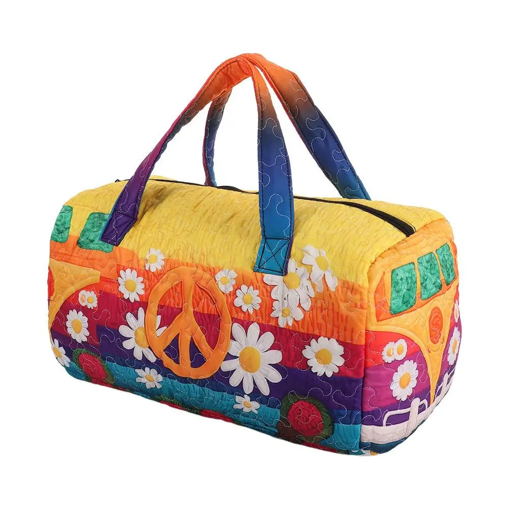 A colorful quilted travel duffle bag featuring peace signs and floral stitching in orange, purple, and green.