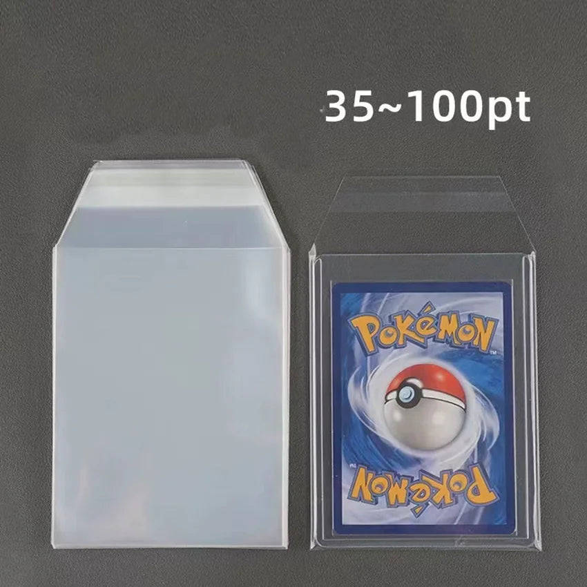 A clear magnetic card protector sleeve featuring a Pokémon card, with a score range of 35 to 100 points.