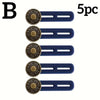 Five adjustable metal jeans button extenders in blue and brass finish.