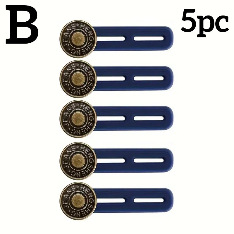 Five adjustable metal jeans button extenders in blue and brass finish.