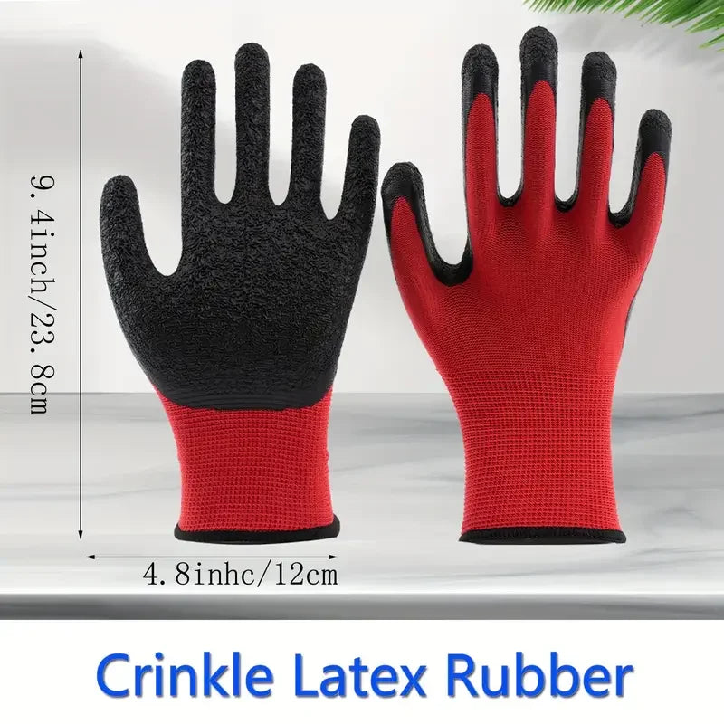 Pair of red and black crinkle latex rubber work gloves shown on a light surface.