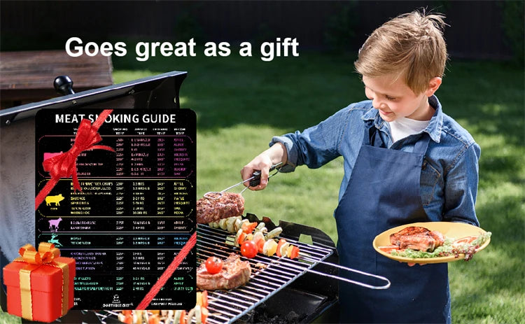 Ein Junge grillt Fleisch auf einem BBQ mit einem Temperaturmagnet-Guide und einer Geschenkbox sichtbar.