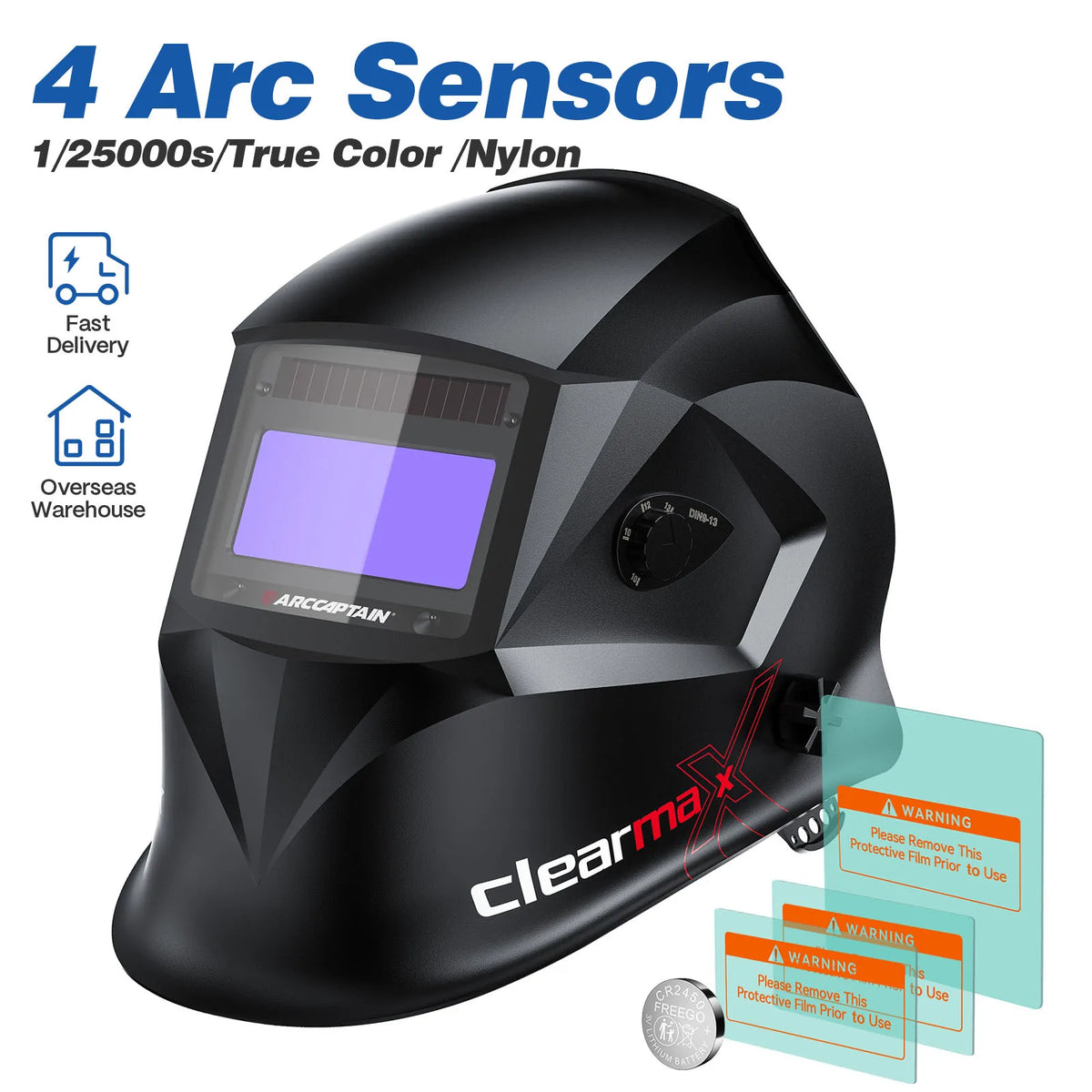 A black Arc Sensor welding helmet with a large true color view and clearmax protective film.