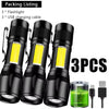 Three black rechargeable zoomable LED flashlights with USB charging cables and a battery.