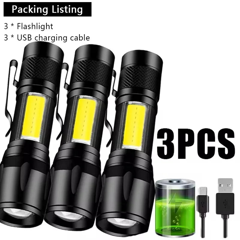Three black rechargeable zoomable LED flashlights with USB charging cables and a battery.