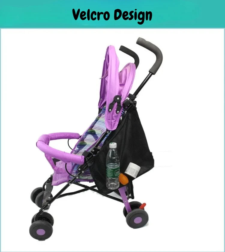 A purple and black Velcro design stroller organizer with a pink canopy and storage mesh.