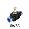 A black industrial pneumatic push-to-connect fitting with a brass adjustment knob and blue connectors.