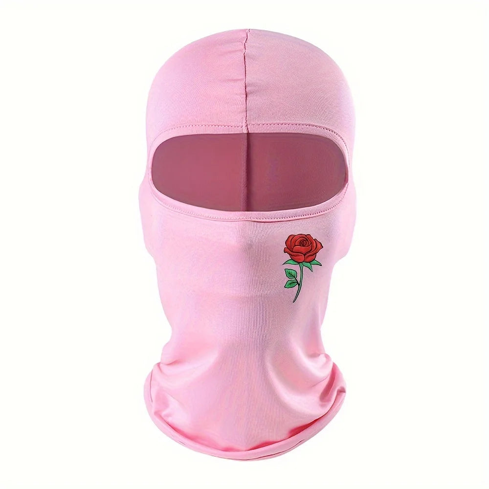 Pink floral balaclava face mask for outdoor sports with a rose embroidery