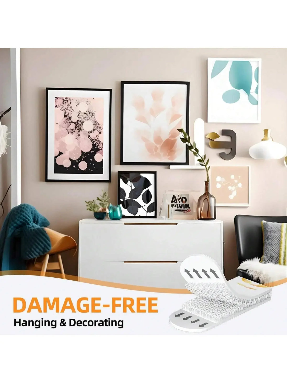 Damage-free hanging and decorating reusable double-sided adhesive strips for frames and decor