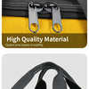 Close-up view of a yellow tool bag showing a zipper, a black carrying handle, and details of the high-quality material.