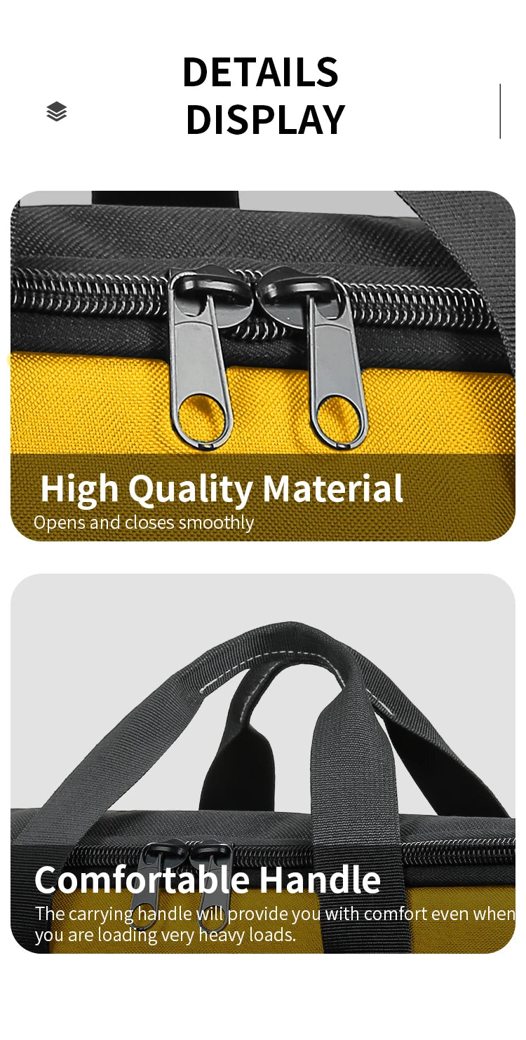 Close-up view of a yellow tool bag showing a zipper, a black carrying handle, and details of the high-quality material.