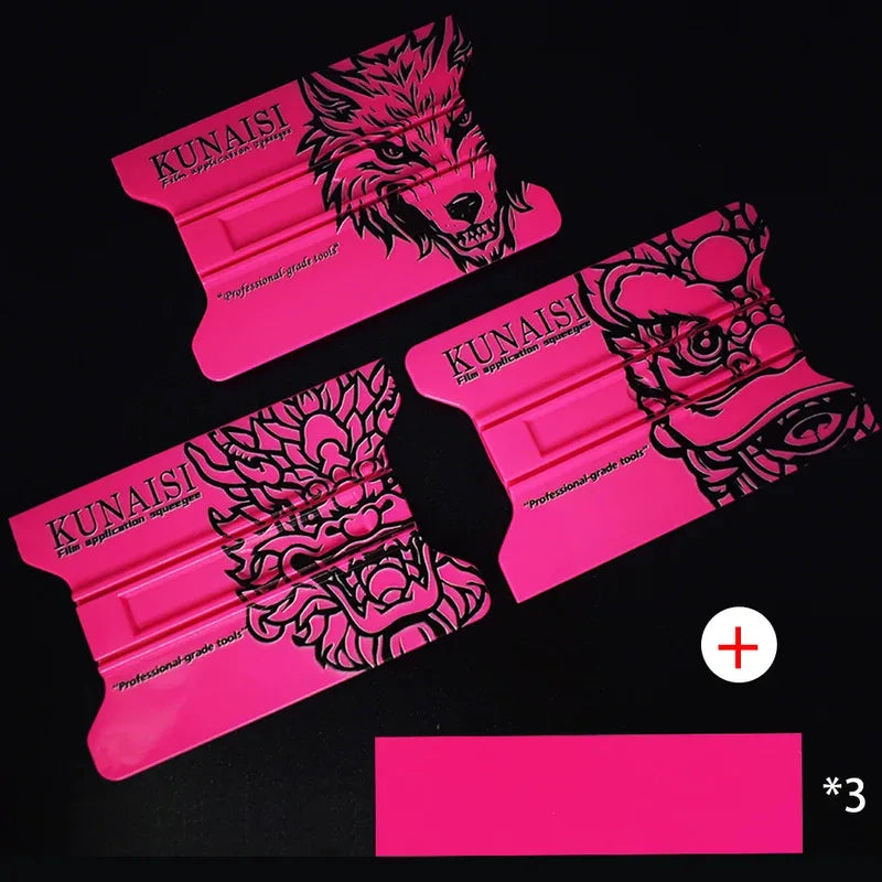Three pink magnetic suede edge squeegees for vinyl wrap and window tinting.