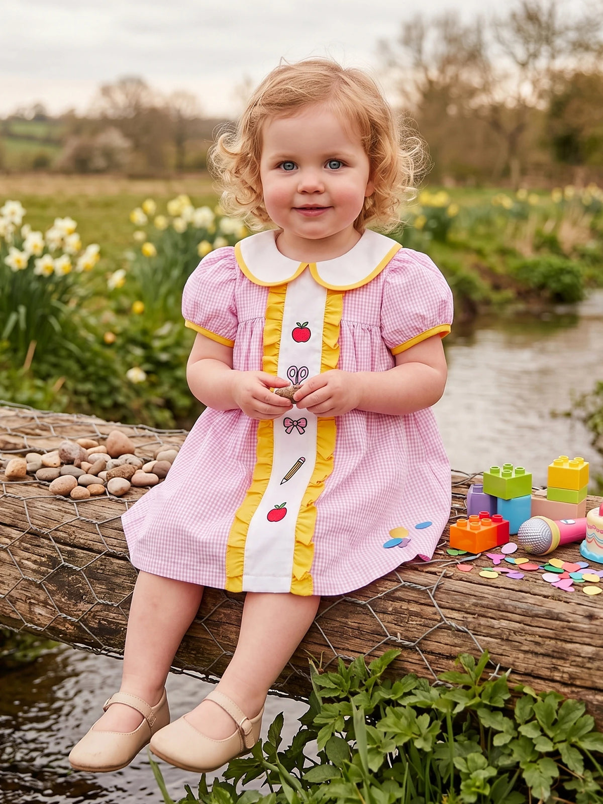 Girls Embroidered Plaid A-Line Dress with Peter Pan Collar