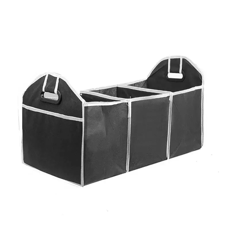 Black foldable car trunk organizer with three compartments and handles