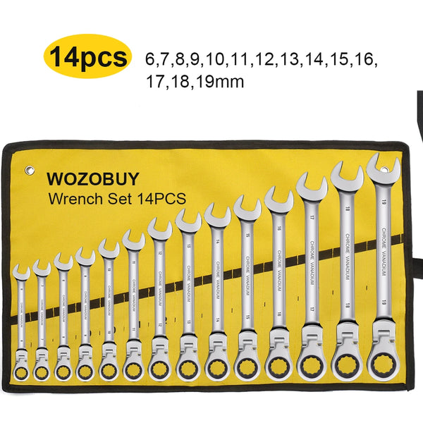 A yellow pouch containing a 14-piece wrench set with various sizes and inch measurements.