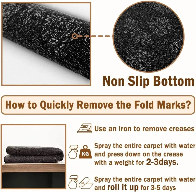 Image showing a non slip bottom doormat and instructions on how to quickly remove fold marks from the carpet.