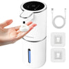 A white touchless automatic soap dispenser is shown being used by a hand, with charging cables and sensor components displaye