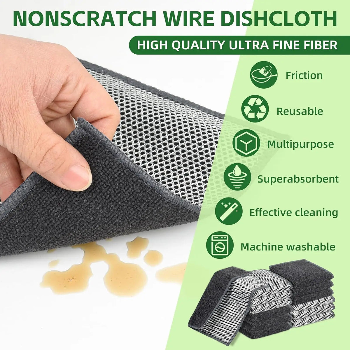 A hand is holding a black non-scratch wire dishcloth, showing its texture and use for cleaning.