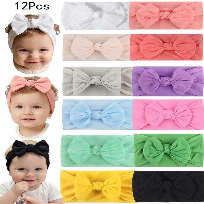 Baby Girl Cotton Headbands with Bows (Set of 3, 4, 6, or 12)
