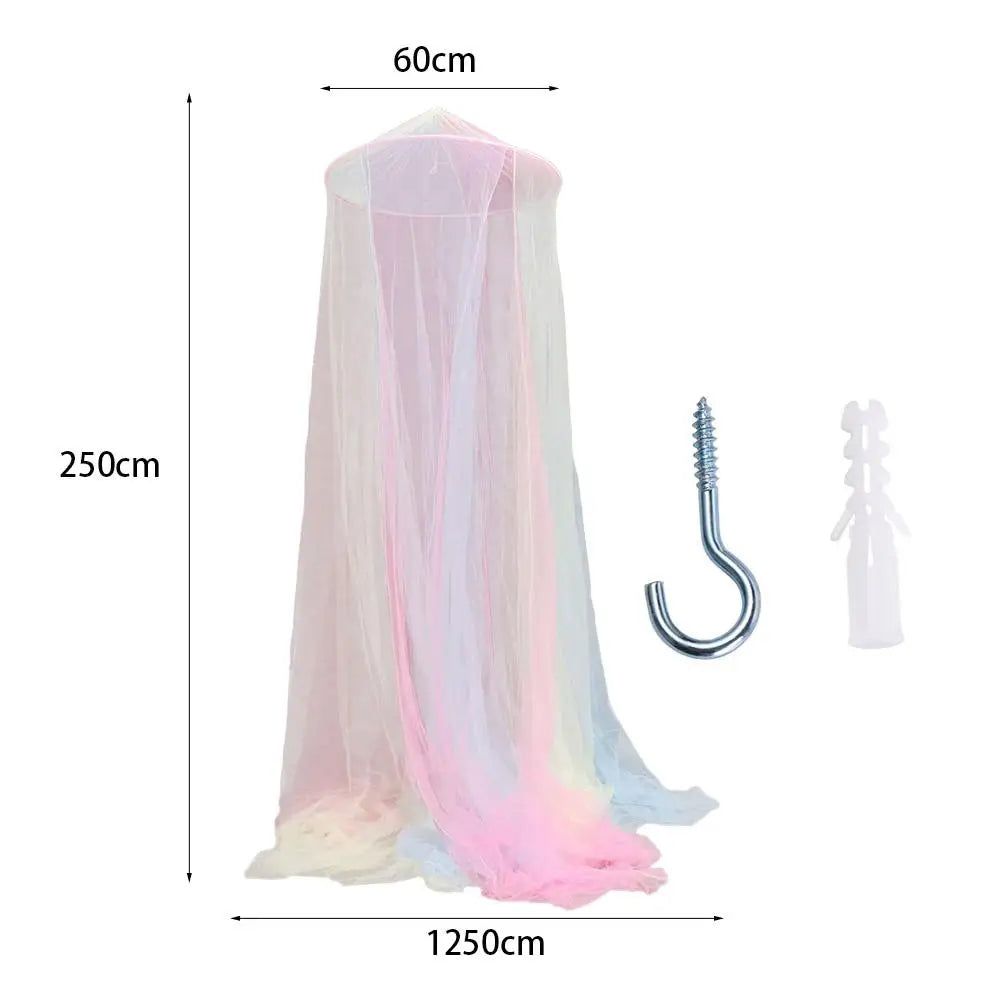 A sheer, rainbow-colored hanging dome canopy mosquito net displayed against a white background.