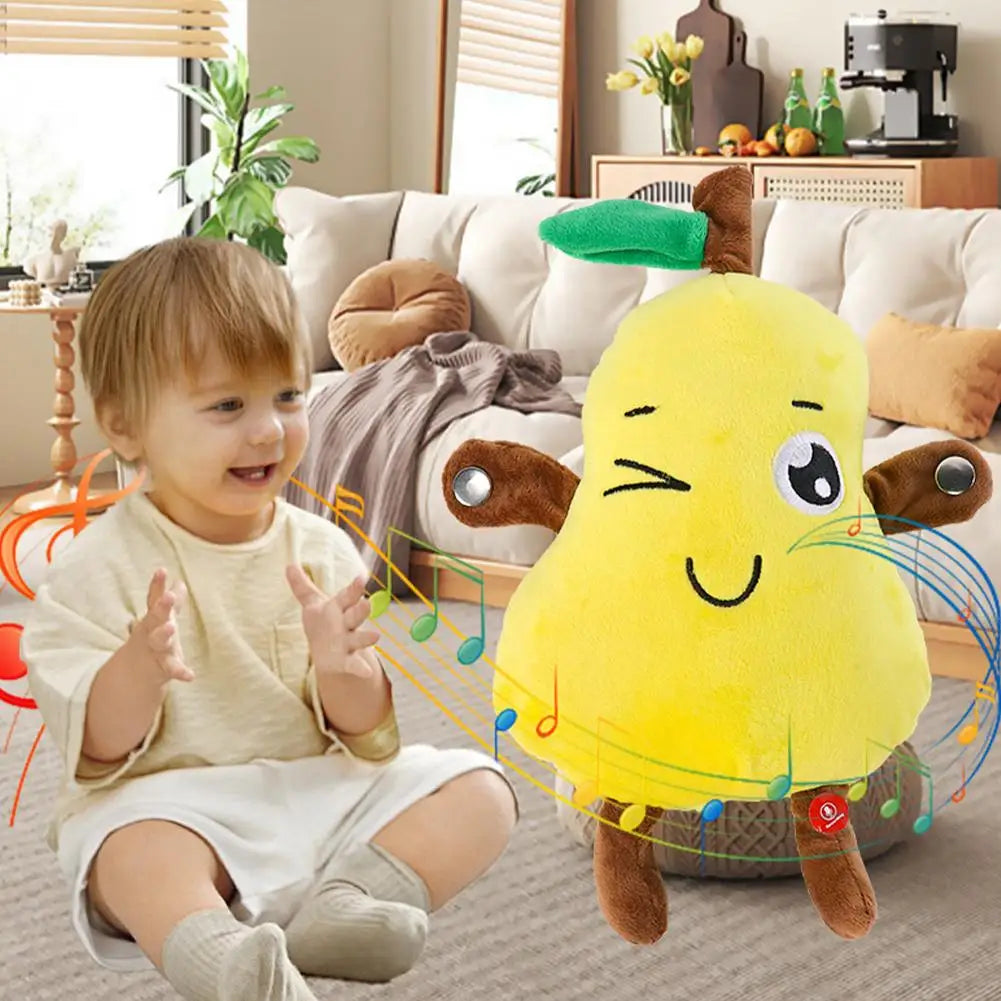 A smiling yellow fruit plush toy with brown ears and musical notes, sitting next to a young child.