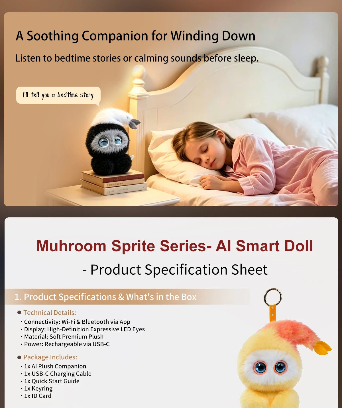 A fluffy yellow AI plush doll with large blue LED eyes is shown resting on a white surface.