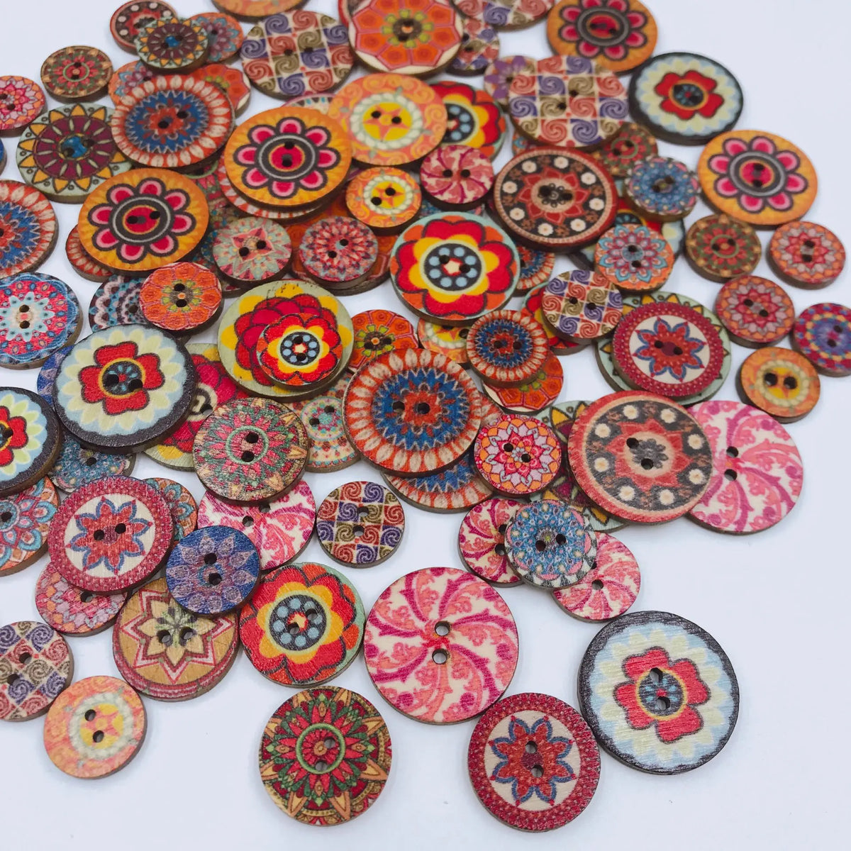 Vintage Wooden Buttons Assortment with Floral Designs