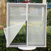 A white self-adhesive window screen mesh with a zipper is shown open in a frame against a green hedge.