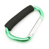 Heavy-duty aluminum stroller hooks featuring a green grip and black comfort strap.