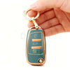 A hand holds a gold-toned key fob cover with a loop and various buttons, featuring a teal body.