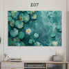 A painting featuring teal and green aquatic leaves and light, delicate white flowers.