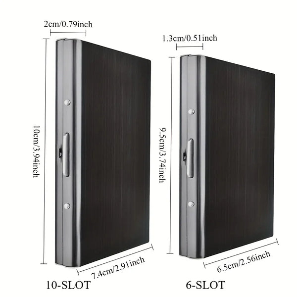 A side-by-side comparison of a 10-slot and a 6-slot slim RFID blocking metal card holder wallet.
