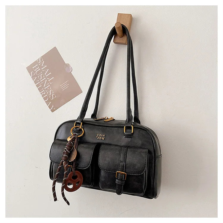 Women's Retro PU Leather Shoulder Bag with Multiple Pockets & Detachable Charm