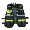 A black reflective tool vest featuring multiple pockets and a phone holder.