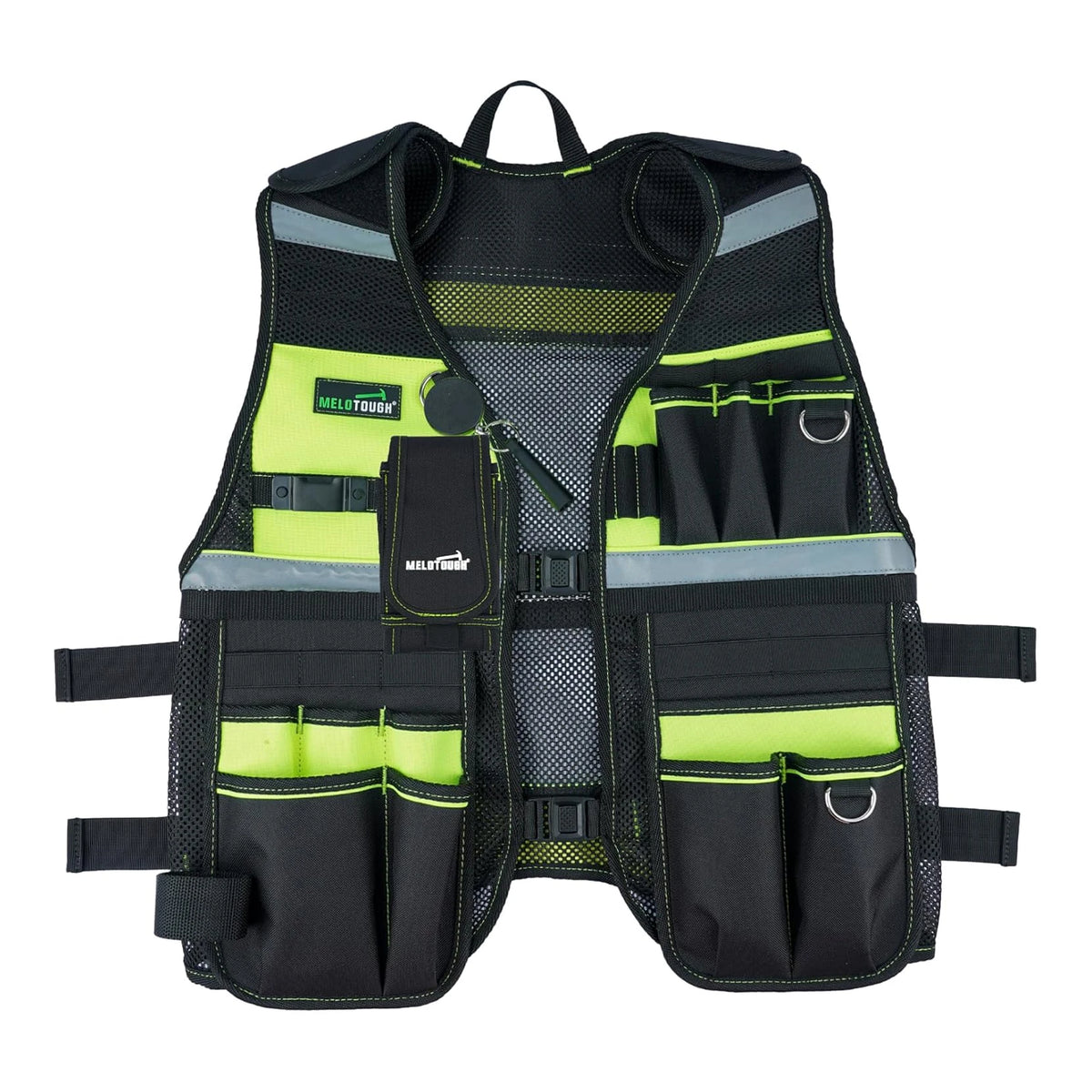 A black reflective tool vest featuring multiple pockets and a phone holder.