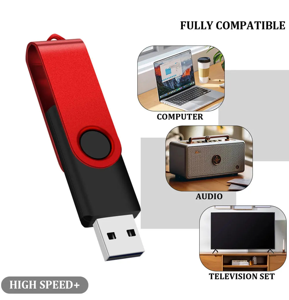A red and black portable USB 2.0 flash drive with multiple connectors shown next to various electronic devices.