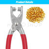 A pair of red and silver pliers is shown next to a pile of 100 gold-colored metal eyelets.
