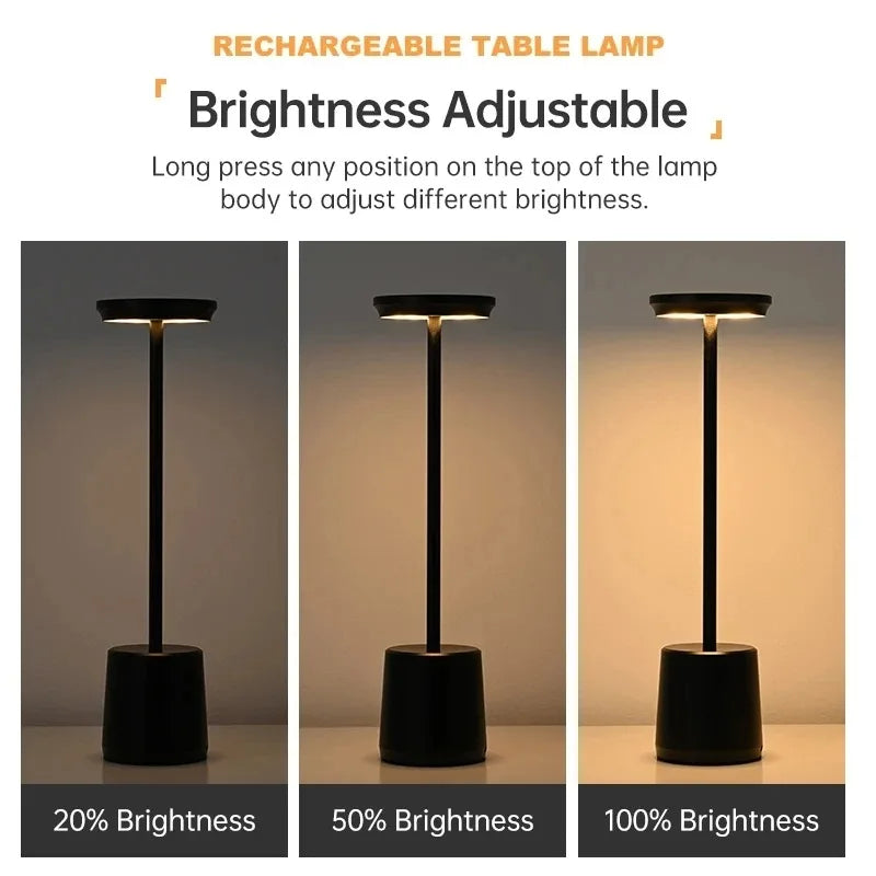 A rechargeable table lamp showing three brightness levels: 20%, 50%, and 100%.