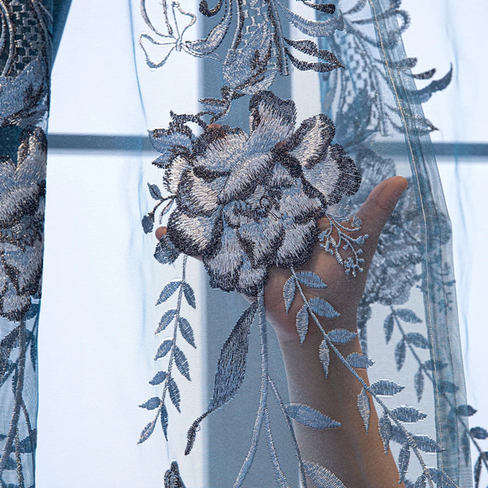 Nordic Embroidered Flower Double-Layer Curtain with Sheer Backing