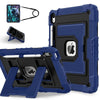 A blue shockproof hybrid case for an iPad is shown with a separate stylus and a folded version of the case.