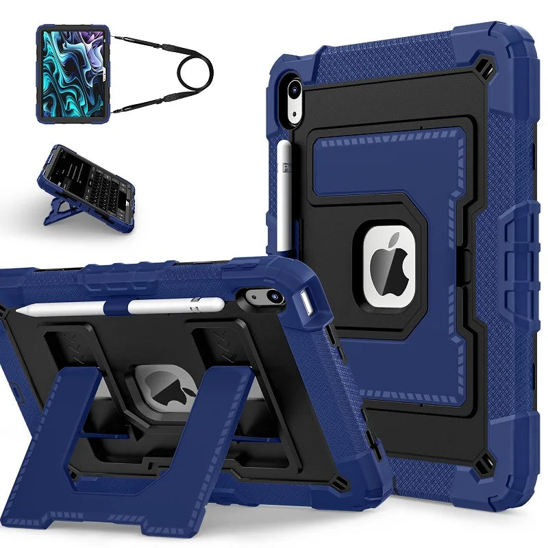 A blue shockproof hybrid case for an iPad is shown with a separate stylus and a folded version of the case.