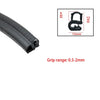 Black U-shaped EPDM rubber edge trim with dimensions and grip range specifications